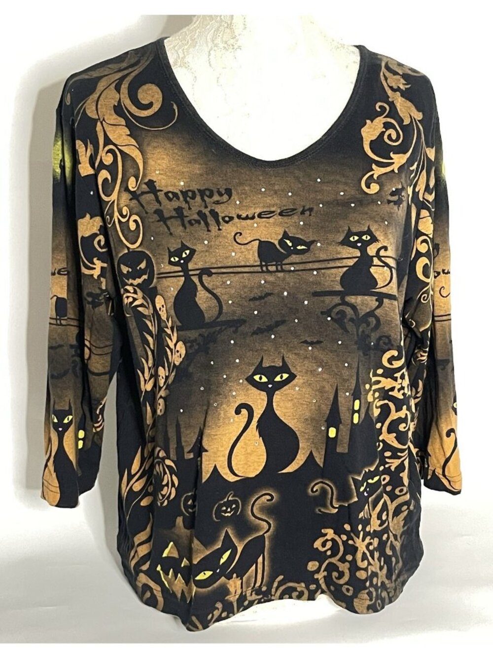 Cactus Bay Halloween Black Cat Top Y2K 2X? Plus size Rhinestone 3/4 Sleeve USA